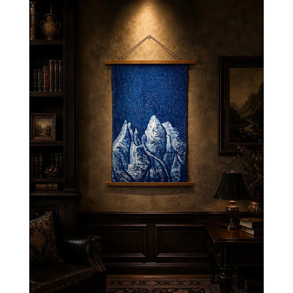 Star Trail Mountain Wall Art | Handmade Indigo Batik Tapestry | Astronomy Gift